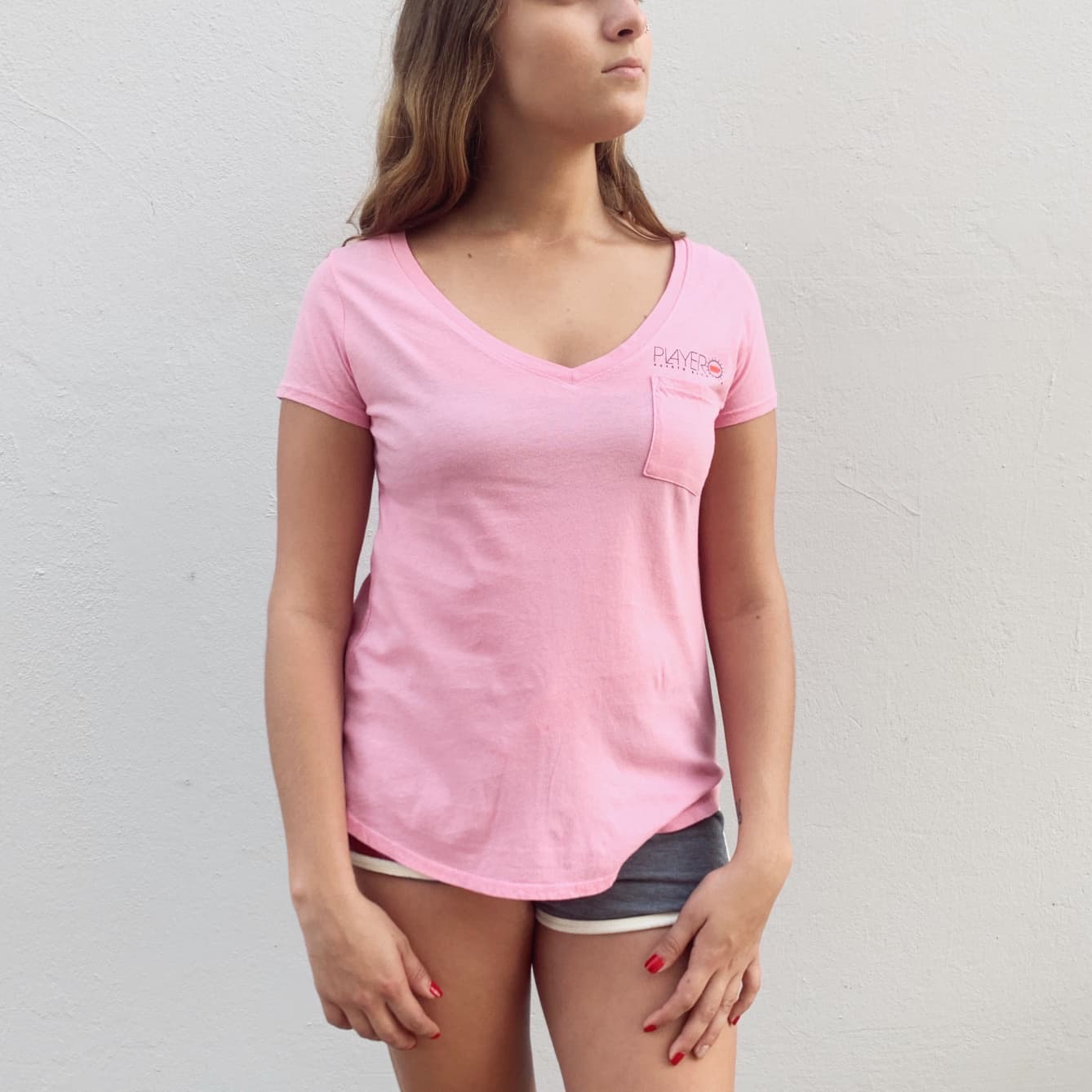  Classic Womens Pocket V-Neck Pink