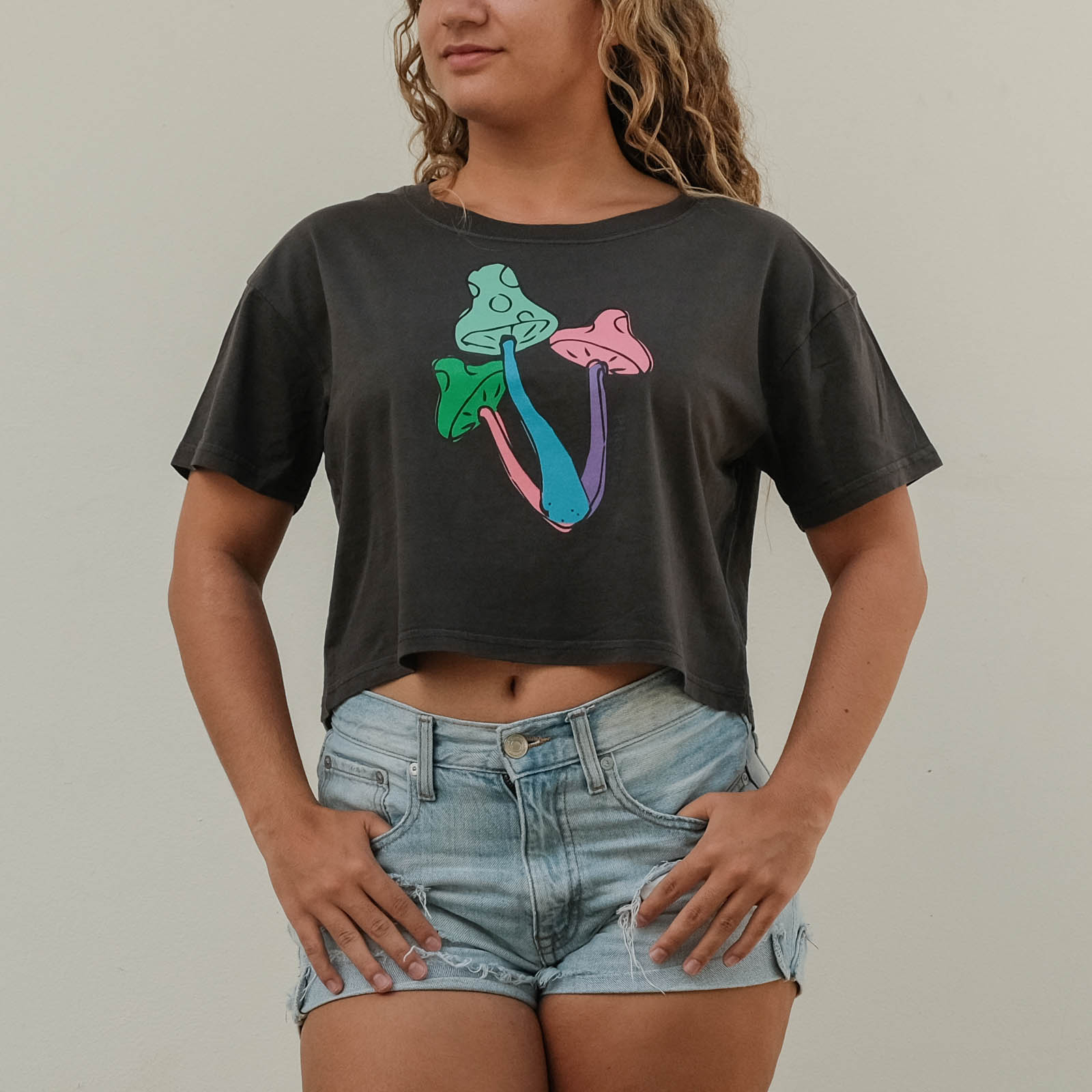 Fungi Faded Crop Tee Off-Black